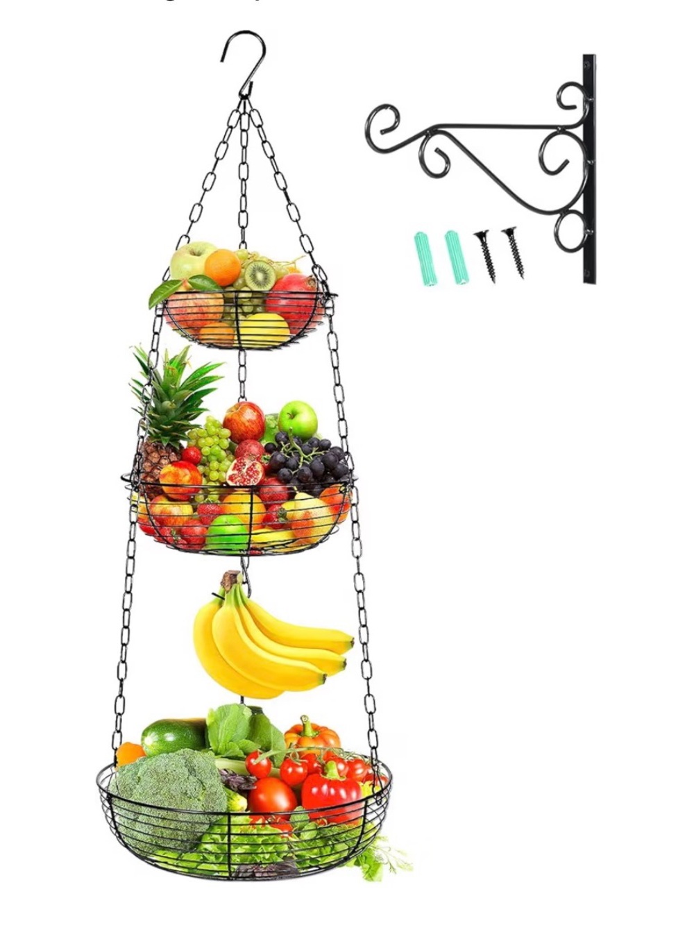 3-Tier Hanging Fruit & Vegetable Basket - Black
